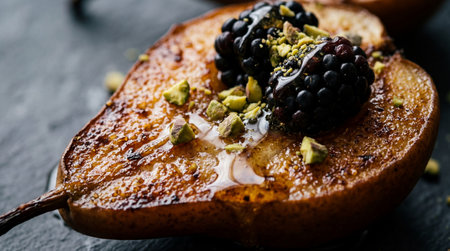 A caramelized baked pear half rests on dark slate, garnished with blackberries and crushed...