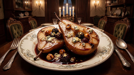 Two poached pear halves rest on a vintage floral plate, topped with blue cheese, hazelnuts, and blackberries in a dark reduction. Lit candles illuminate a formal dining room setting.の写真素材