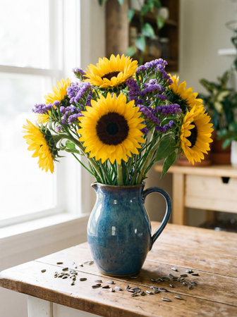 A bouquet of bright yellow sunflowers mixed with deep purple statice flowers sits in a glossy, speckled blue ceramic pitcher.の写真素材