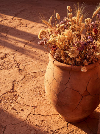A cracked, reddish-brown terracotta pot filled with dried flowers and wheat stalks sits on...