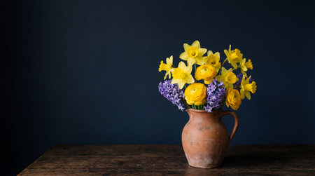 A rustic terracotta pitcher holds a vibrant bouquet of yellow daffodils, yellow ranunculus, and...
