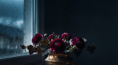 Deep burgundy ranunculus flowers and ivy leaves sit in a tarnished brass vase against a dark...