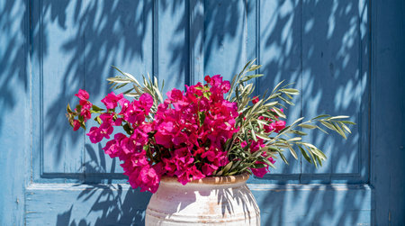 A rustic, white terracotta pot overflowing with bright magenta bougainvillea flowers and silvery-green olive branches sits centered against a weathered, vertical plank blue wooden door.の写真素材