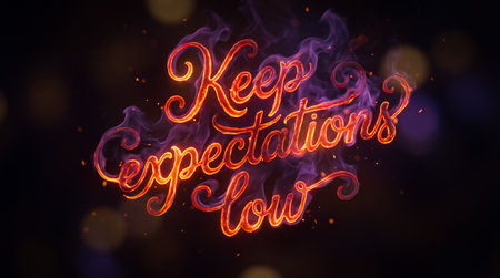 Sarcastic message 'Keep expectations low' rendered in incandescent, lava-like fire and wispy...