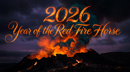 Cinematic twilight scene features incandescent orange lava erupting from a dark volcanic ridge in...