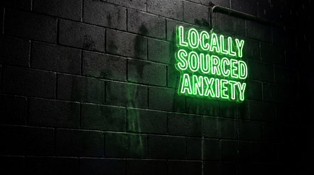 Green neon sign displaying Anxiety glows against a dark wet look black brick wall. Vibrant light reflects off the textured masonry in a moody, urban setting.の写真素材