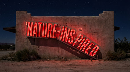 A dilapidated adobe structure stands in a desert at night under a starry sky. A tilted red neon sign...