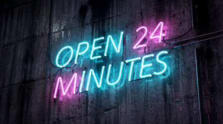 Neon sign reading OPEN 24 MINUTES glows in cyan and pink against a dark, damp concrete wall. Electrical wires run along the textured surface, reflecting the vibrant light.の写真素材