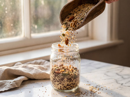 A wooden scoop pours a mix of grains, nuts, and seeds into a clear glass jar on a marble surface. Sunlight illuminates falling oats, almonds, and walnuts near a linen cloth.の写真素材