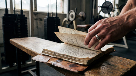 Man's hand with silver ring flips through a weathered notebook on a wooden bench. Soft daylight illuminates handwritten notes and sketches within a vintage gym setting.の写真素材
