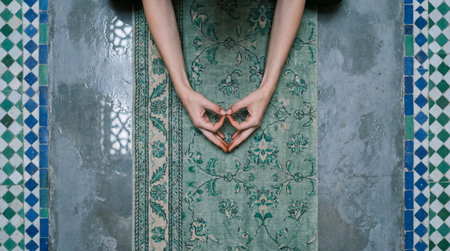 Woman's hands form a heart shape over a green patterned rug. Grey stone floor features blue and white mosaic tiles. Soft natural light reflects off the damp surface.の写真素材
