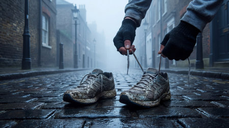 Two dirty running shoes rest on a wet, dark cobblestone street while a person wearing fingerless...