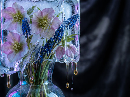 Pink hellebore and blue grape hyacinth flowers are encased in a block of clear ice, which is actively melting, causing golden-hued droplets to drip into a clear glass vase below against a dark, muted.の写真素材