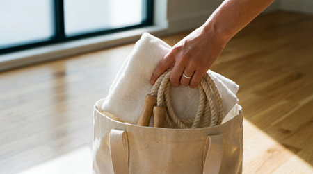 A close-up shot captures a hand wearing a silver ring placing a coiled natural fiber jump rope with...