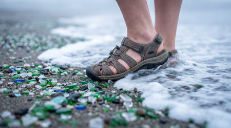 Close-up view of feet wearing brown outdoor sandals stepping through shallow seawater washing over a...