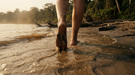 Close-up view of bare feet covered in dark mud walking along the edge of a body of water, likely a...