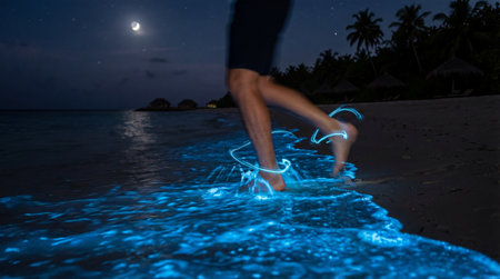 A person's lower legs and feet move through shallow ocean water at night, disturbing bioluminescent...