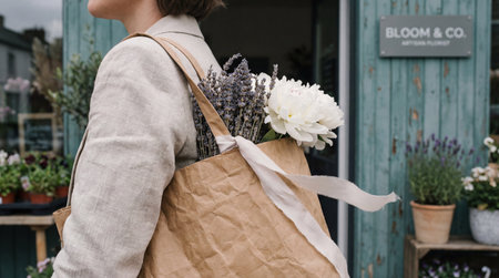A person wearing a light-colored linen jacket carries a crumpled brown paper bag over the shoulder. The bag contains dried lavender and a large white peony. A white ribbon trails from the bag opening.の写真素材