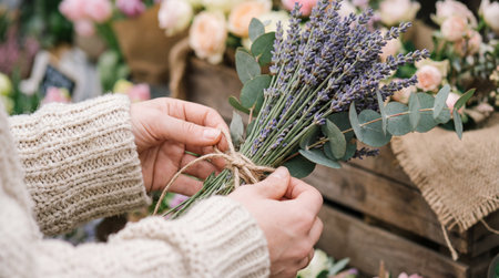 Hands wearing a knit sweater secure a bundle of lavender and eucalyptus with twine over wooden crates.の写真素材