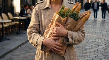 Person wearing a trench coat holds brown paper bags containing baguettes and fresh herbs. People sit at outdoor cafe tables in the background on a cobblestone street.の写真素材
