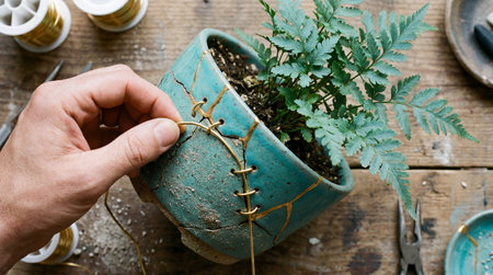 A hand works on repairing a cracked turquoise ceramic planter using gold wire in a kintsugi style. A small green fern grows inside the planter resting on a wooden surface.の写真素材