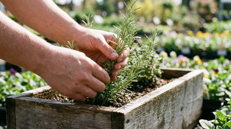 Two hands carefully handle a rosemary sprig above soil in a weathered wooden planter box. Other...