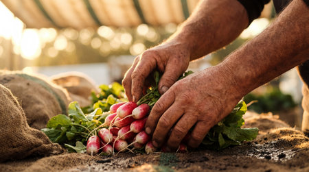 Two weathered hands sort a bunch of freshly harvested radishes resting on burlap material outdoors.