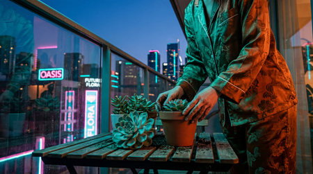 A person wearing patterned pajamas handles a succulent plant over a small wooden table on a balcony....