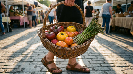 A person walks across a cobblestone path at an outdoor market, holding a large wicker basket filled with heirloom tomatoes and a bunch of asparagus.の写真素材