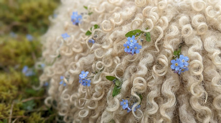 Thick, creamy white wool curls cover the body of a sheep. Small clusters of blue forget-me-not flowers with green leaves are nestled within the wool curls.の写真素材