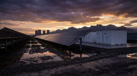 Solar photovoltaic panels and battery storage units occupy a muddy field near industrial cooling towers. This infrastructure supports renewable power generation.の写真素材