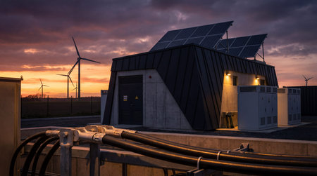 A concrete substation with rooftop solar panels operates alongside wind turbines in a rural field. Heavy cables connect the renewable energy infrastructure during dusk.の写真素材