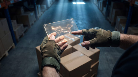 A person wearing tactical gloves interacts with a transparent holographic display showing a network...
