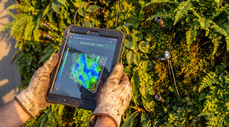 Gloves hold a rugged tablet displaying a moisture map over a dense vertical garden installation....