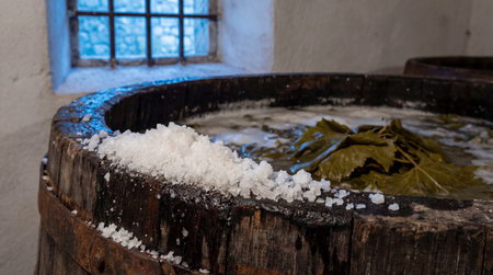 Coarse white salt piles on the dark, weathered rim of a wooden barrel containing liquid and...