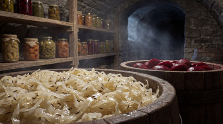 Shredded sauerkraut with caraway seeds fills a wooden barrel in the foreground, next to a barrel of...