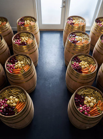 Wooden barrels with brass bands hold various pickled vegetables arranged on a dark floor near a...