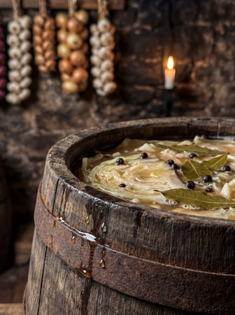A close-up view of fermented cabbage, bay leaves, and peppercorns submerged in liquid within a dark, rustic wooden barrel. Liquid drips down the iron hoop of the barrel.の写真素材