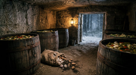 Rough stone walls define a dimly lit cellar illuminated by a single hanging lantern. Several large wooden barrels filled with brine and preserved vegetables line the space.の写真素材