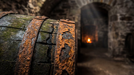 A close-up view of an aged wooden barrel with heavily rusted metal hoops dominates the foreground. The background shows a dimly lit stone archway and a faint warm light source, possibly a fire.の写真素材