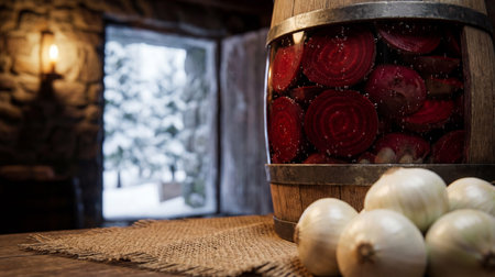 Sliced red beets ferment in a wooden barrel section next to white onions resting on burlap atop a wooden surface.の写真素材