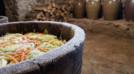 A close-up view features shredded cabbage and carrots inside a dark wooden barrel, the rim heavily coated with white frost.の写真素材