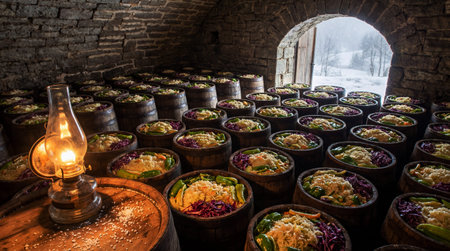 Numerous wooden barrels filled with shredded cabbage, red cabbage, and green peppers sit on a stone floor inside a cellar.の写真素材