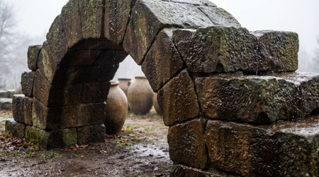 A rough-hewn stone archway, wet with rain, dominates the foreground. Several large, rounded earthen jars stand in a muddy clearing visible through the arch. The background is obscured by mist or fog.の写真素材