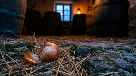A single brown onion rests on straw and mossy stone in the foreground. Large wooden barrels flank the scene in the dim interior. A small window and a lit lantern provide background light.の写真素材
