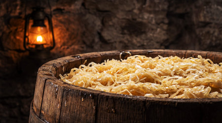 Shredded fermented cabbage fills a wooden barrel in a dimly lit setting. An oil lantern glows warmly in the background against a rough stone wall.の写真素材