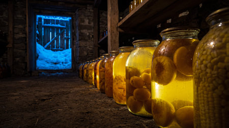 A row of glass jars filled with preserved fruit sits on a dirt floor inside a dark cellar. An open...