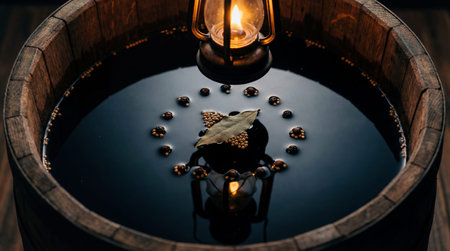 A dark liquid fills a wooden barrel, illuminated by a small oil lantern hanging above. Bay leaf and...