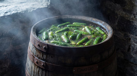 Green cucumbers float in brine with dill and spices inside a dark wooden barrel. Steam rises from the liquid surface in a dimly lit, stone-walled environment.の写真素材