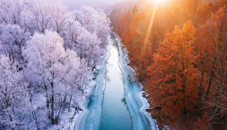 An aerial view divides a landscape along a partially frozen river. Trees on the left display white...